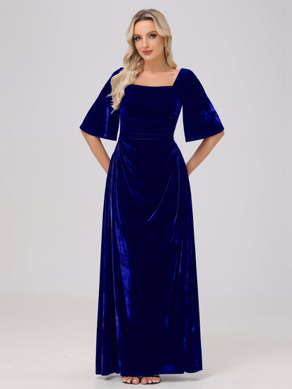 Half Sleeves Square Neck Velvet Bridesmaid Dresses