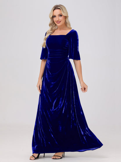 Half Sleeves Square Neck Velvet Bridesmaid Dresses
