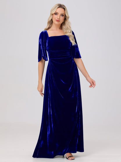 Half Sleeves Square Neck Velvet Bridesmaid Dresses