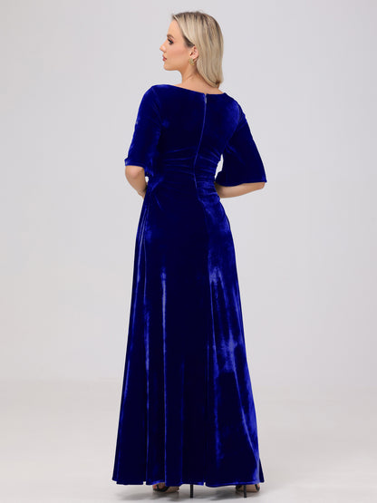 Half Sleeves Square Neck Velvet Bridesmaid Dresses