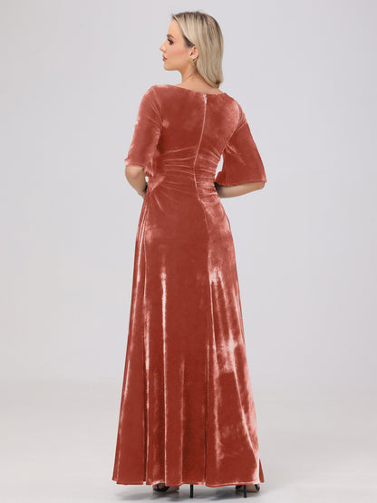 Half Sleeves Square Neck Velvet Bridesmaid Dresses