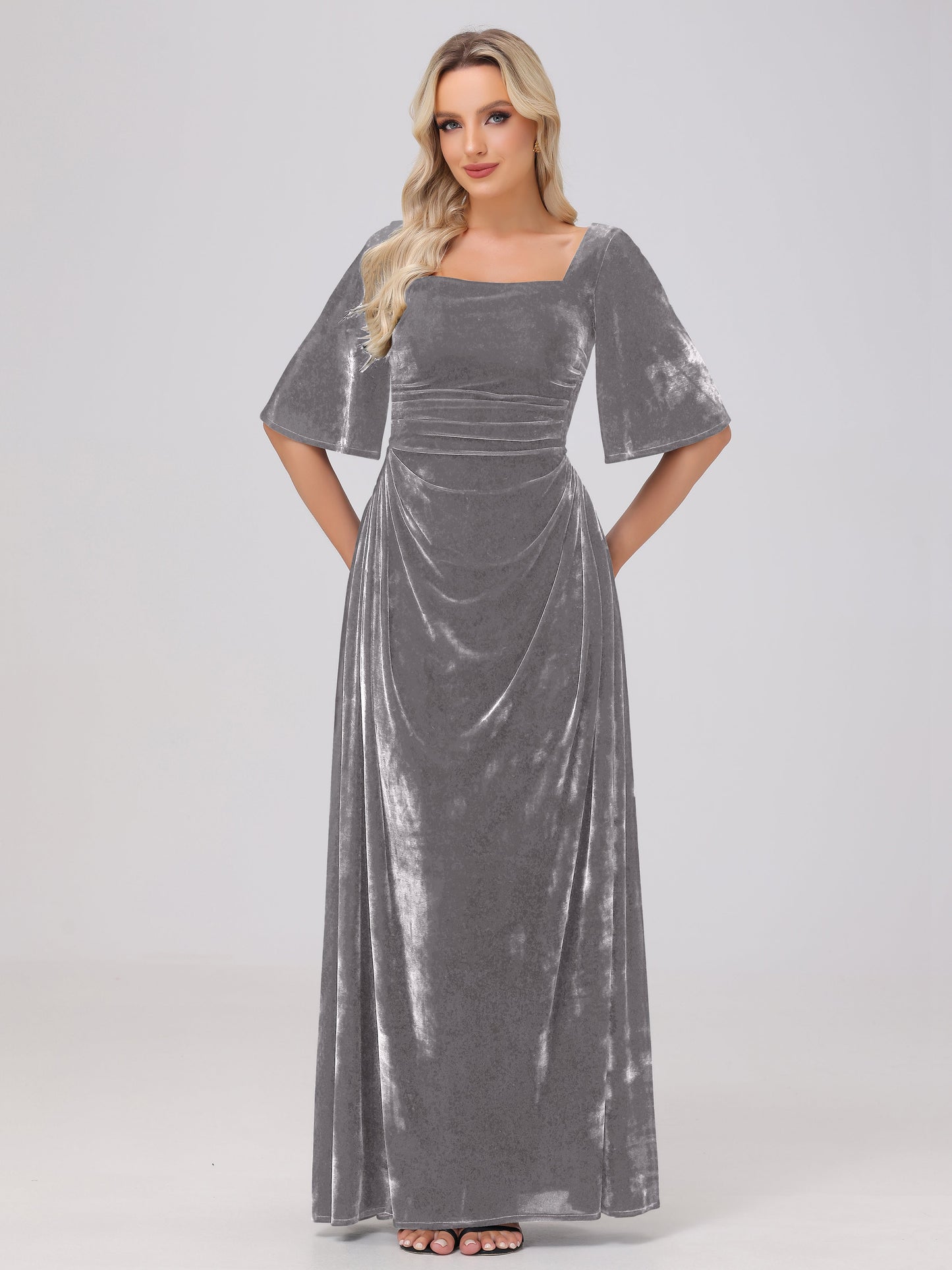 Half Sleeves Square Neck Velvet Bridesmaid Dresses