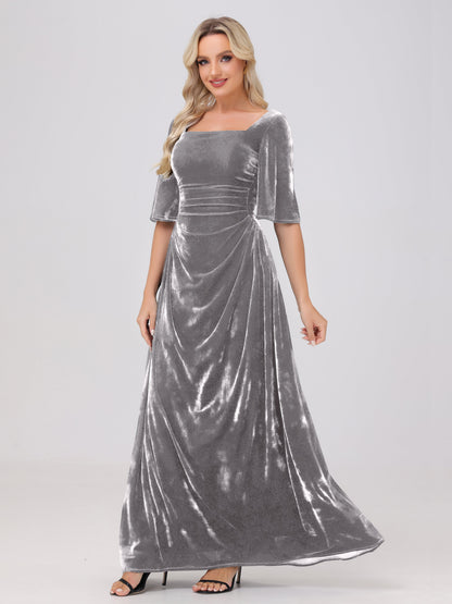 Half Sleeves Square Neck Velvet Bridesmaid Dresses