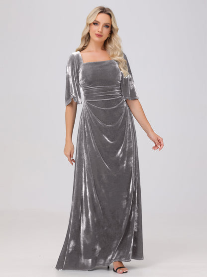 Half Sleeves Square Neck Velvet Bridesmaid Dresses