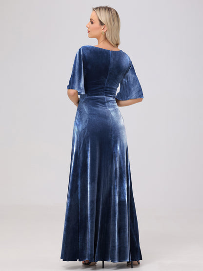 Half Sleeves Square Neck Velvet Bridesmaid Dresses