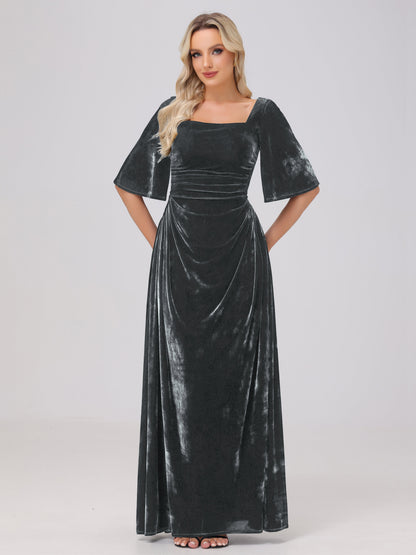 Half Sleeves Square Neck Velvet Bridesmaid Dresses