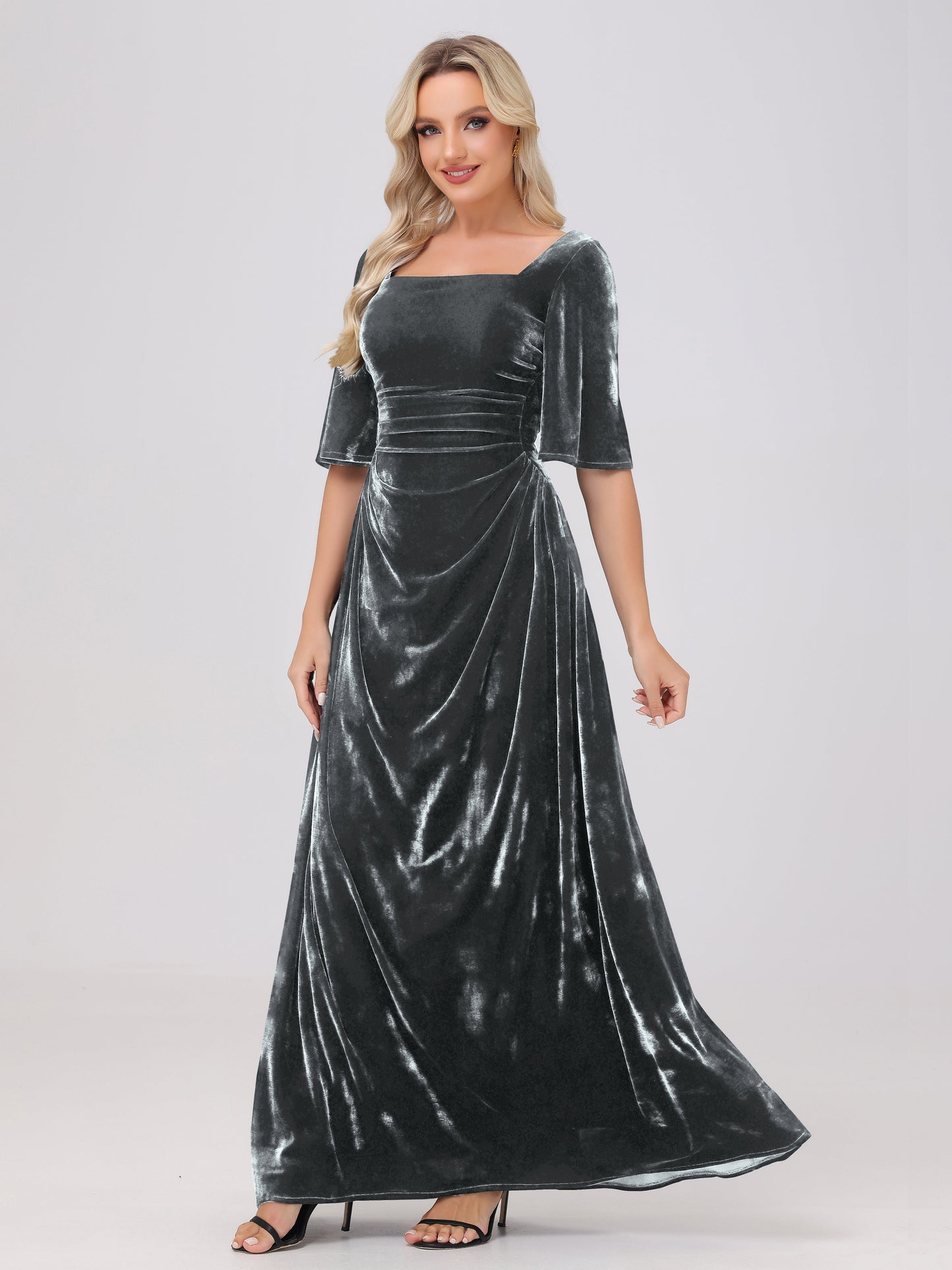 Half Sleeves Square Neck Velvet Bridesmaid Dresses