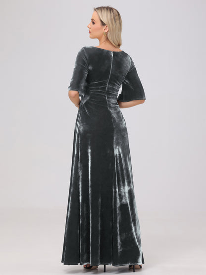 Half Sleeves Square Neck Velvet Bridesmaid Dresses
