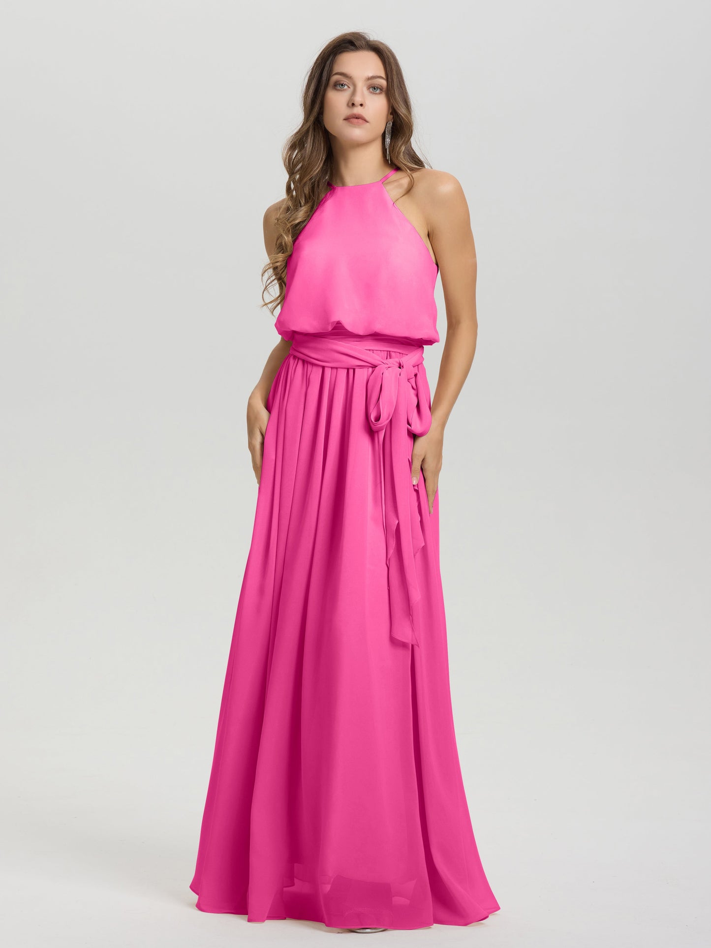 Halter Scoop Neck Sleeveless Floor Length Chiffon Bridesmaid Dress with Sashes
