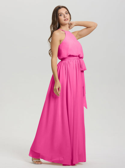 Halter Scoop Neck Sleeveless Floor Length Chiffon Bridesmaid Dress with Sashes