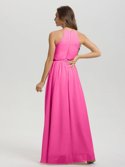 Halter Scoop Neck Sleeveless Floor Length Chiffon Bridesmaid Dress with Sashes