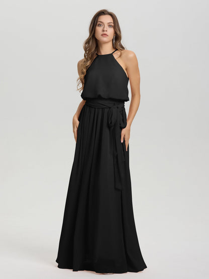 Halter Scoop Neck Sleeveless Floor Length Chiffon Bridesmaid Dress with Sashes