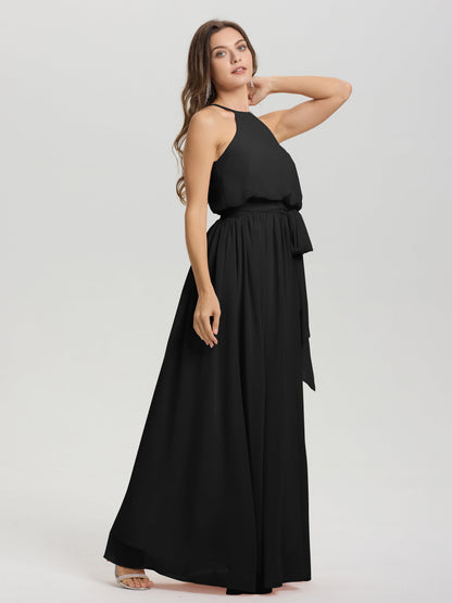 Halter Scoop Neck Sleeveless Floor Length Chiffon Bridesmaid Dress with Sashes