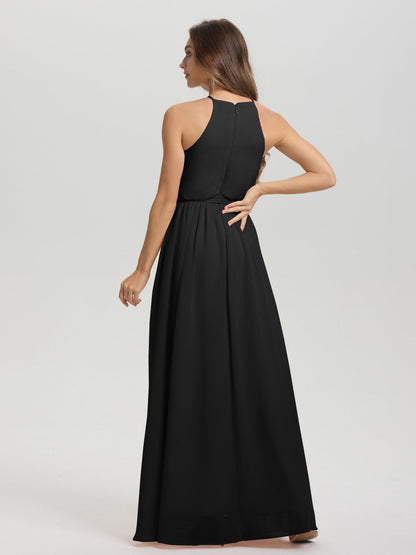 Halter Scoop Neck Sleeveless Floor Length Chiffon Bridesmaid Dress with Sashes