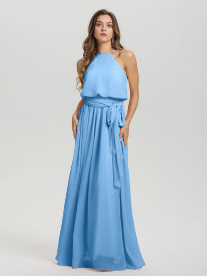 Halter Scoop Neck Sleeveless Floor Length Chiffon Bridesmaid Dress with Sashes