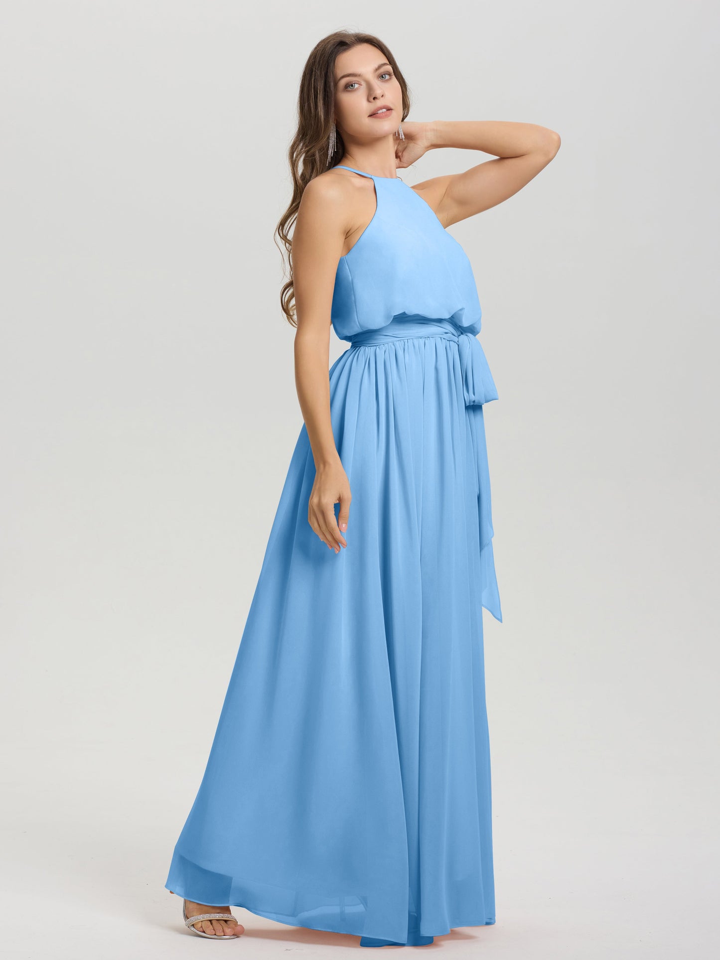 Halter Scoop Neck Sleeveless Floor Length Chiffon Bridesmaid Dress with Sashes