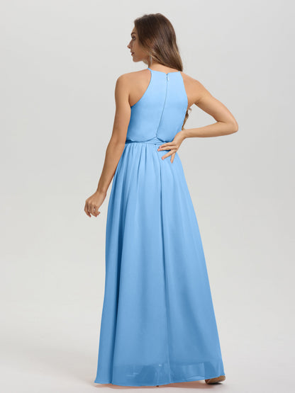 Halter Scoop Neck Sleeveless Floor Length Chiffon Bridesmaid Dress with Sashes
