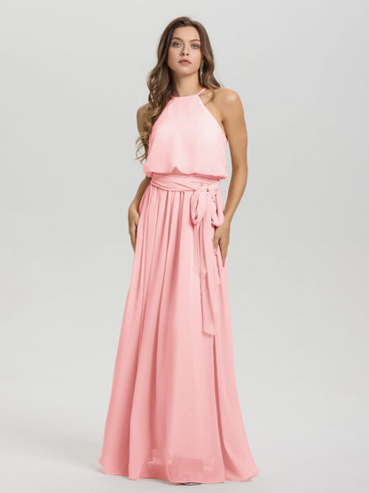 Halter Scoop Neck Sleeveless Floor Length Chiffon Bridesmaid Dress with Sashes