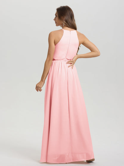 Halter Scoop Neck Sleeveless Floor Length Chiffon Bridesmaid Dress with Sashes