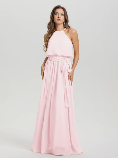 Halter Scoop Neck Sleeveless Floor Length Chiffon Bridesmaid Dress with Sashes