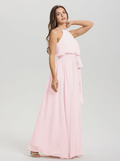 Halter Scoop Neck Sleeveless Floor Length Chiffon Bridesmaid Dress with Sashes