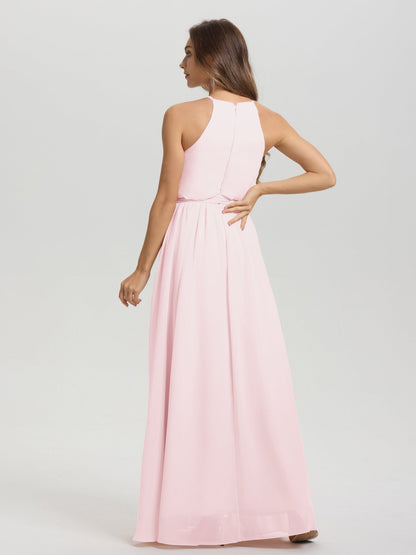 Halter Scoop Neck Sleeveless Floor Length Chiffon Bridesmaid Dress with Sashes