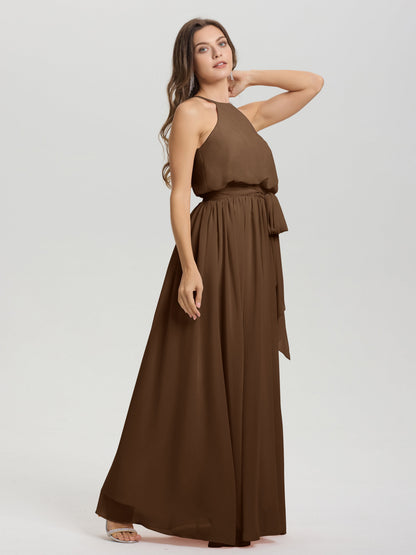 Halter Scoop Neck Sleeveless Floor Length Chiffon Bridesmaid Dress with Sashes