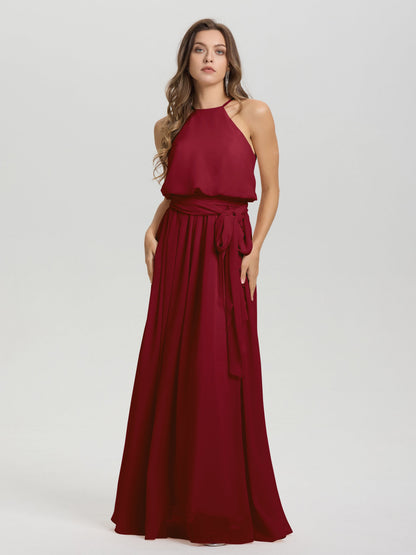 Halter Scoop Neck Sleeveless Floor Length Chiffon Bridesmaid Dress with Sashes