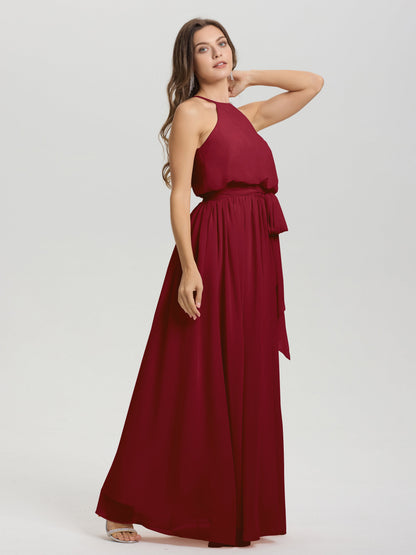 Halter Scoop Neck Sleeveless Floor Length Chiffon Bridesmaid Dress with Sashes