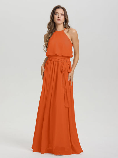 Halter Scoop Neck Sleeveless Floor Length Chiffon Bridesmaid Dress with Sashes