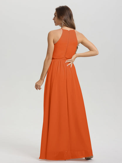 Halter Scoop Neck Sleeveless Floor Length Chiffon Bridesmaid Dress with Sashes