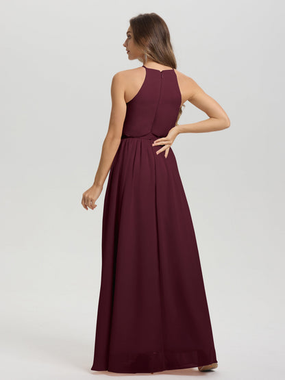 Halter Scoop Neck Sleeveless Floor Length Chiffon Bridesmaid Dress with Sashes