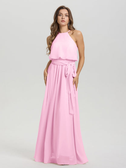 Halter Scoop Neck Sleeveless Floor Length Chiffon Bridesmaid Dress with Sashes