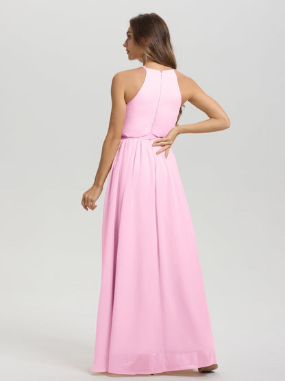 Halter Scoop Neck Sleeveless Floor Length Chiffon Bridesmaid Dress with Sashes