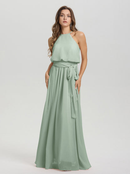 Halter Scoop Neck Sleeveless Floor Length Chiffon Bridesmaid Dress with Sashes