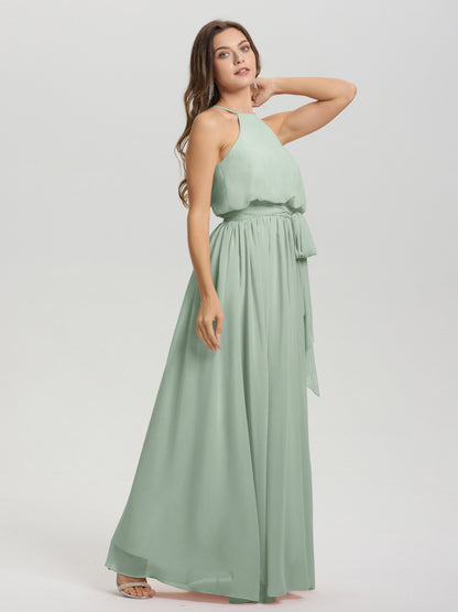 Halter Scoop Neck Sleeveless Floor Length Chiffon Bridesmaid Dress with Sashes