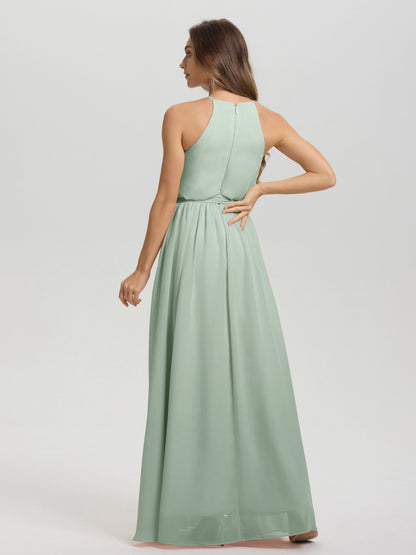 Halter Scoop Neck Sleeveless Floor Length Chiffon Bridesmaid Dress with Sashes