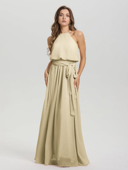 Halter Scoop Neck Sleeveless Floor Length Chiffon Bridesmaid Dress with Sashes