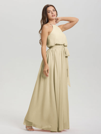 Halter Scoop Neck Sleeveless Floor Length Chiffon Bridesmaid Dress with Sashes