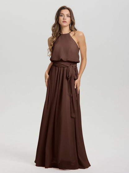 Halter Scoop Neck Sleeveless Floor Length Chiffon Bridesmaid Dress with Sashes