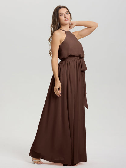 Halter Scoop Neck Sleeveless Floor Length Chiffon Bridesmaid Dress with Sashes