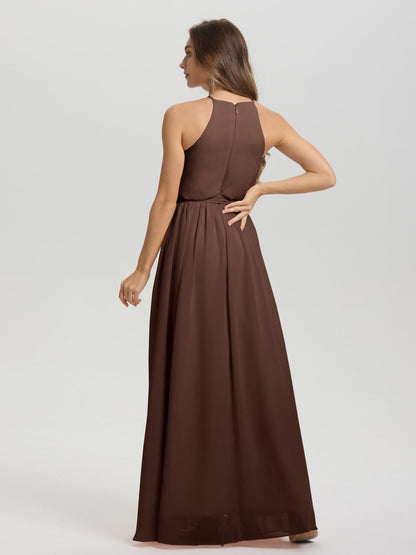 Halter Scoop Neck Sleeveless Floor Length Chiffon Bridesmaid Dress with Sashes