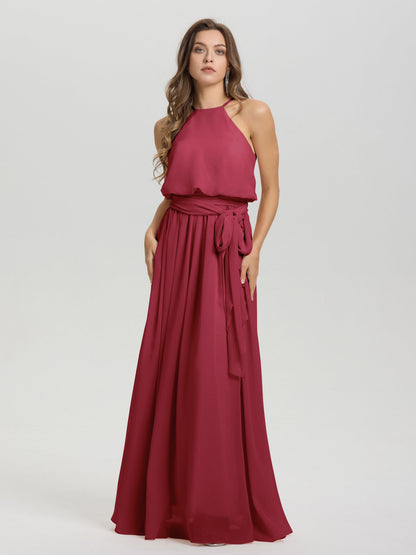 Halter Scoop Neck Sleeveless Floor Length Chiffon Bridesmaid Dress with Sashes
