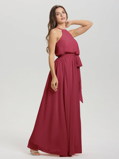 Halter Scoop Neck Sleeveless Floor Length Chiffon Bridesmaid Dress with Sashes