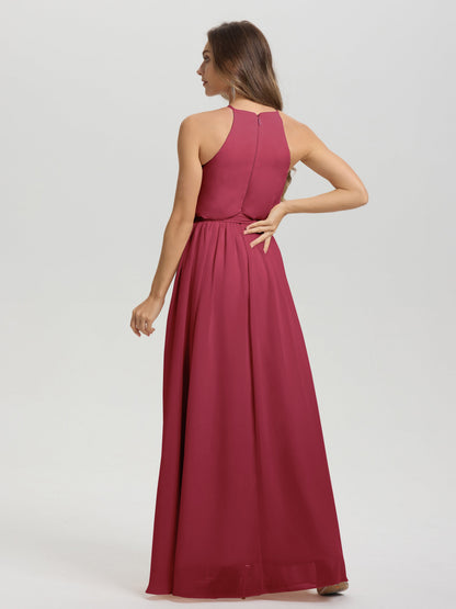 Halter Scoop Neck Sleeveless Floor Length Chiffon Bridesmaid Dress with Sashes