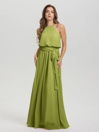 Halter Scoop Neck Sleeveless Floor Length Chiffon Bridesmaid Dress with Sashes