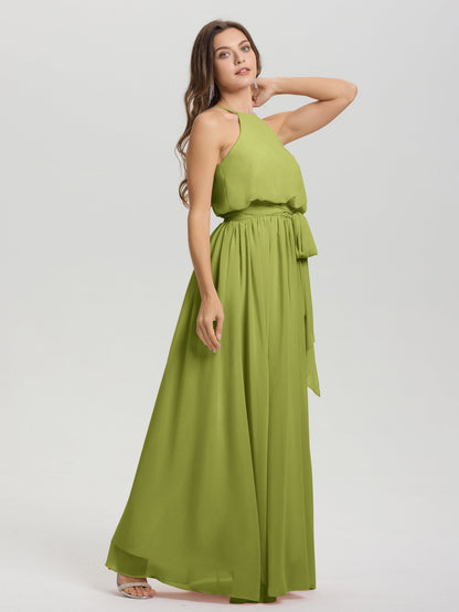 Halter Scoop Neck Sleeveless Floor Length Chiffon Bridesmaid Dress with Sashes