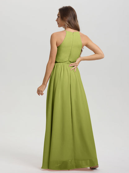 Halter Scoop Neck Sleeveless Floor Length Chiffon Bridesmaid Dress with Sashes