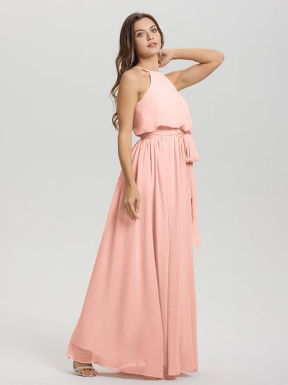 Halter Scoop Neck Sleeveless Floor Length Chiffon Bridesmaid Dress with Sashes