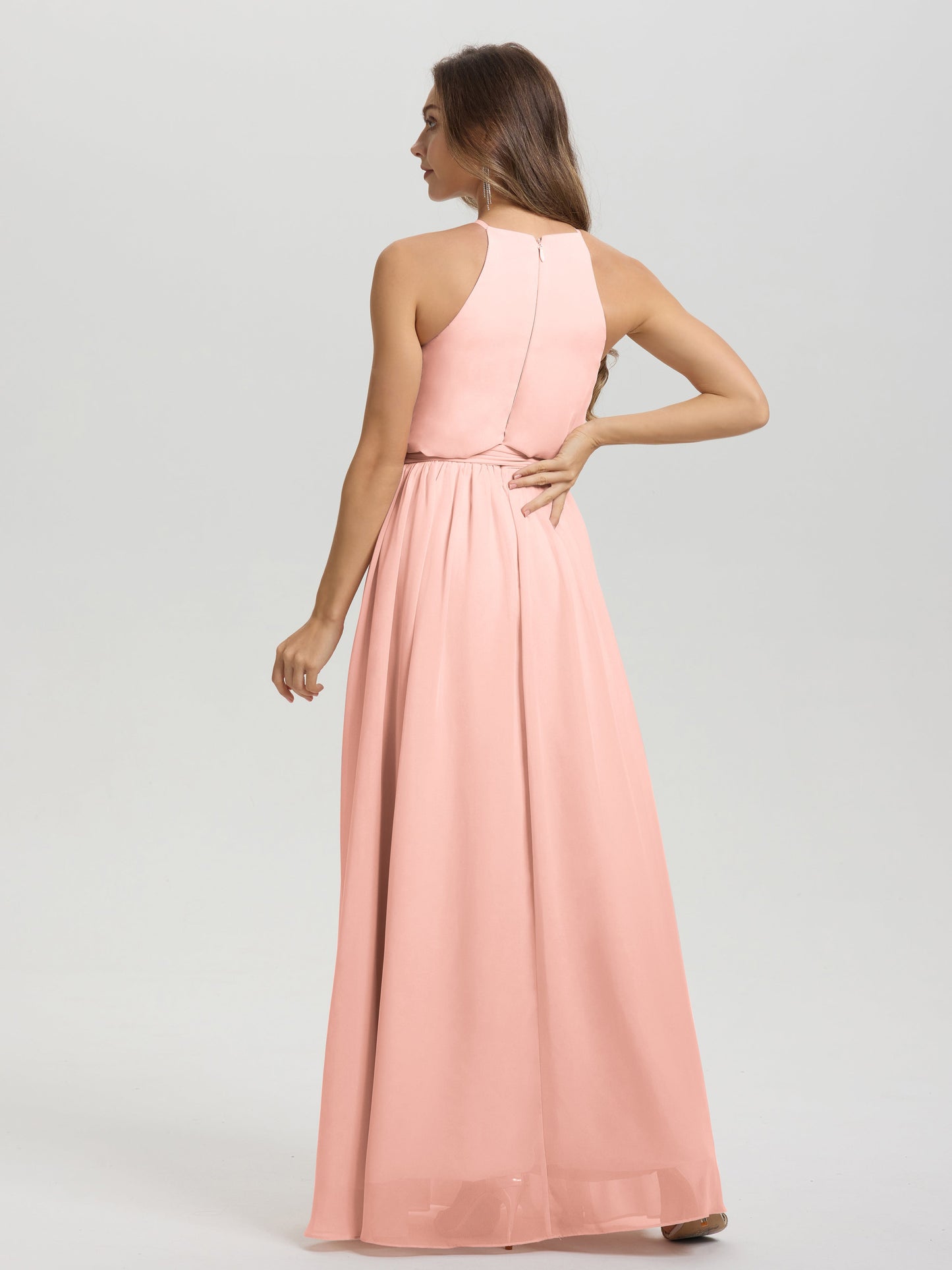 Halter Scoop Neck Sleeveless Floor Length Chiffon Bridesmaid Dress with Sashes